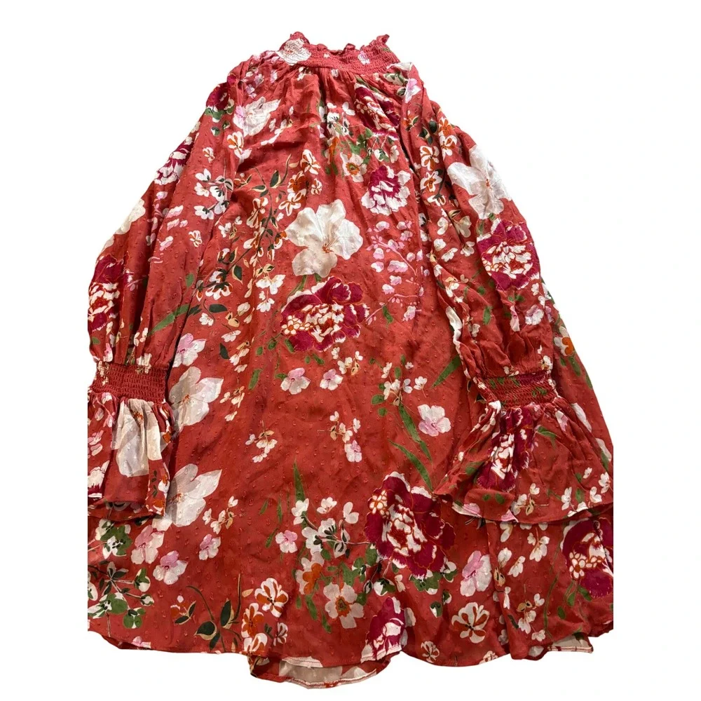 byTiMo Floral Swiss Dot Smocked Mock Neck Mini Dress Rust Red S Shift Botanical